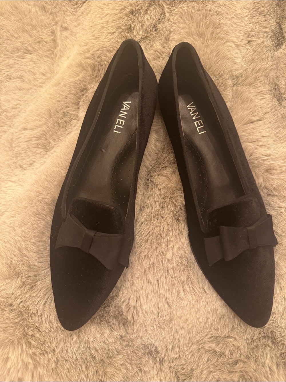 Vaneli Black Pointed Toe Velvet Flats with Bow
